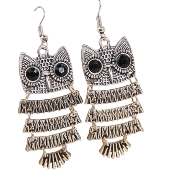 Owl Earrings Silver Tone Retro - Picture 7 of 9
